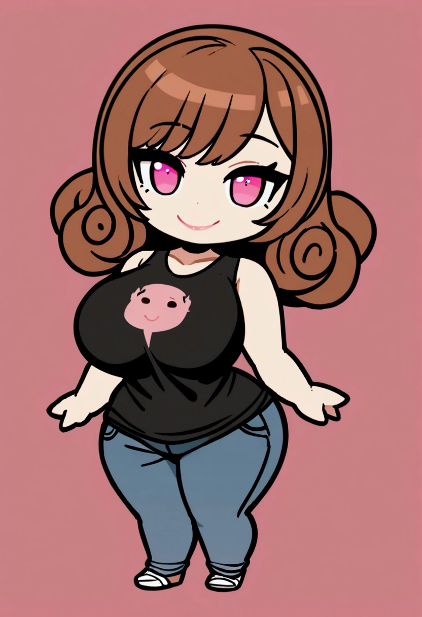 1girl with long brown hair, pink eyes, pink lips, big breasts, curls, horny smile,black t shirt, jeans, ((chibi style)), simple background