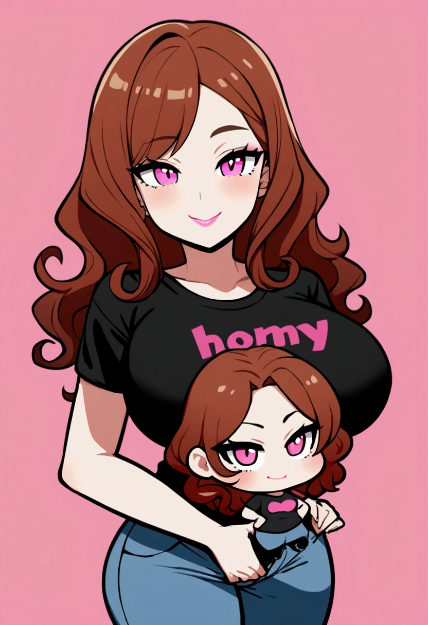 1girl with long brown hair, pink eyes, pink lips, big breasts, curls, horny smile,black t shirt, jeans, ((chibi style)), simple background