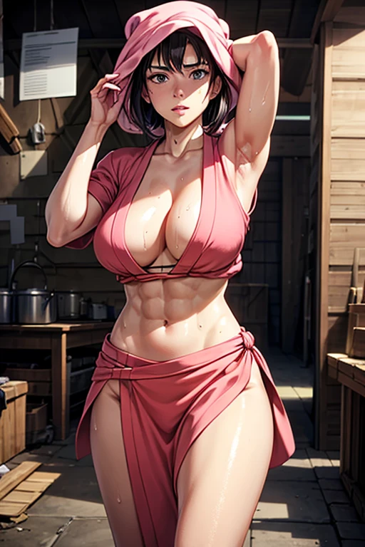 masterpiece, Highest quality,  Unreal Engine,  Super Resolution,  Very detailed, 

1 girl, of course,1 female, Wrap a towel around your head, Pink kimono, Cleavage, barefoot, Physical Beauty, Abdominal muscles, (Muscular:0.8), (Big Breasts), bold, Lips parted,  Observe the audience, 

In a dynamic pose,  Cowboy Shot, 

The World of Princess Mononoke, A scene from the workshop,  Key Visual, 

((Sticky with sweat)),