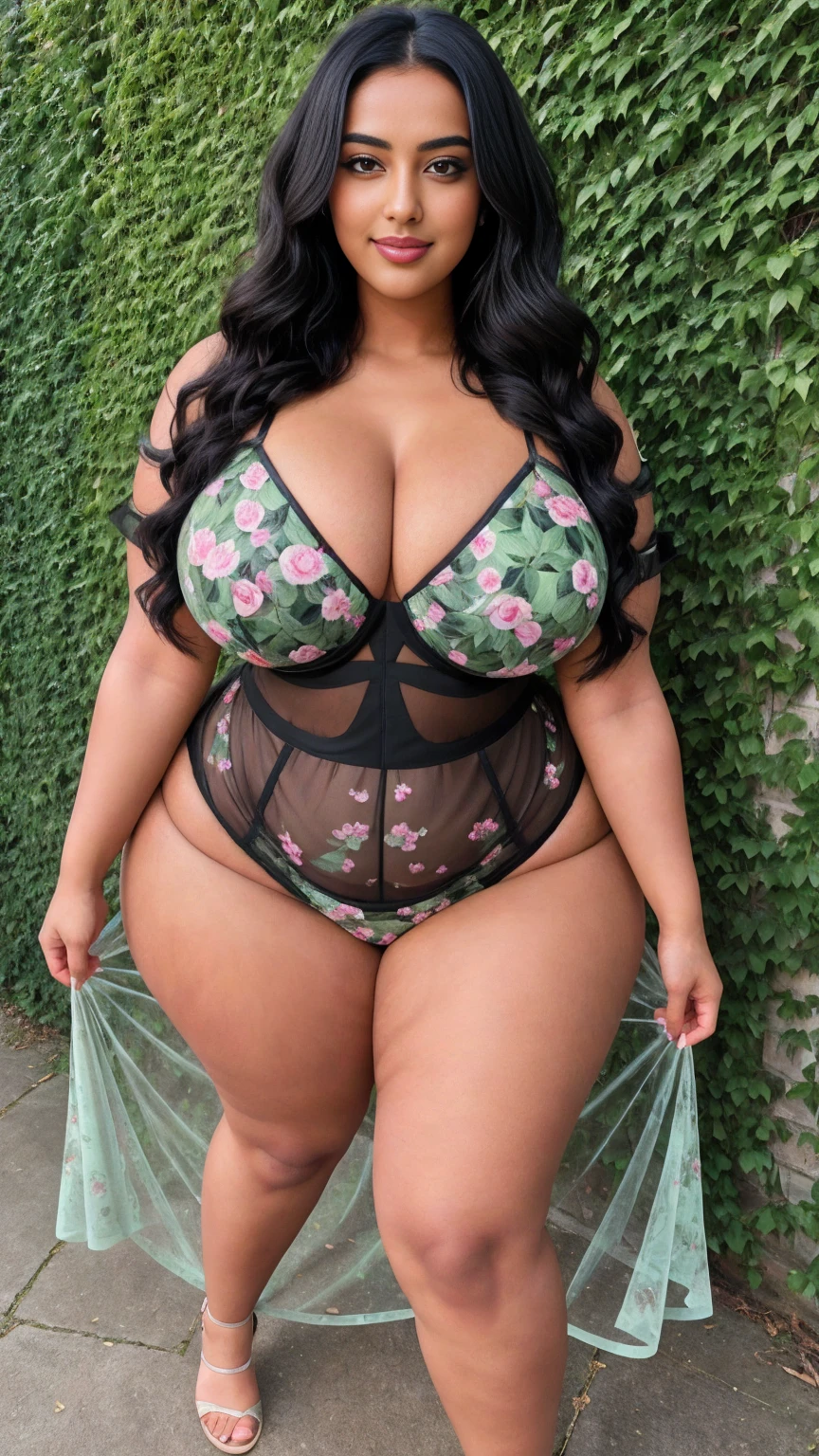 Radhika marchent Indian beautiful woman curvy plus size hour glass bulky huge figure woman, closeup camera view, big huge m-cup breast, wearing SHEIN Teen Girl Elegant Spaghetti Strap Dress With Floral Print And Mesh Overlay For Summer , covered Bust , elegant standing position, eye contact view, different style hairstyle, bright eyes, thin eyebrows, fair skin, blushing cheeks, prefect head to toe view, full body, ideal for high-fashion or editorial shoots, ultra realistic skin texture, head to toe view, full body shot, full body view, smile face, black hair, Indian face, perfect skin tone light, ultra realistic skin texture, bigger waist, busty, big hips, fleshy thighs, thick thighs, busty, full body view, Ivy-Covered Wall: An old brick wall covered in green ivy.