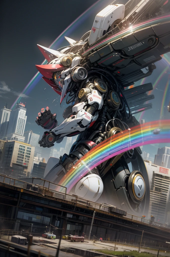 anime style, super fine illustration, highly detailed, dynamic angle, beautiful detailed, 8k, Rainbow over the meadow under the clowly on a battle day. BREAK Cute anthropomorphic Robot is sadly walking, under the rainbow. BREAK Robot in colorful harmonize with the rainbow, creating a beautiful scene.Break dystopia,Disillusioned,City,Landscape painting,Break MECA,droid,human_no,