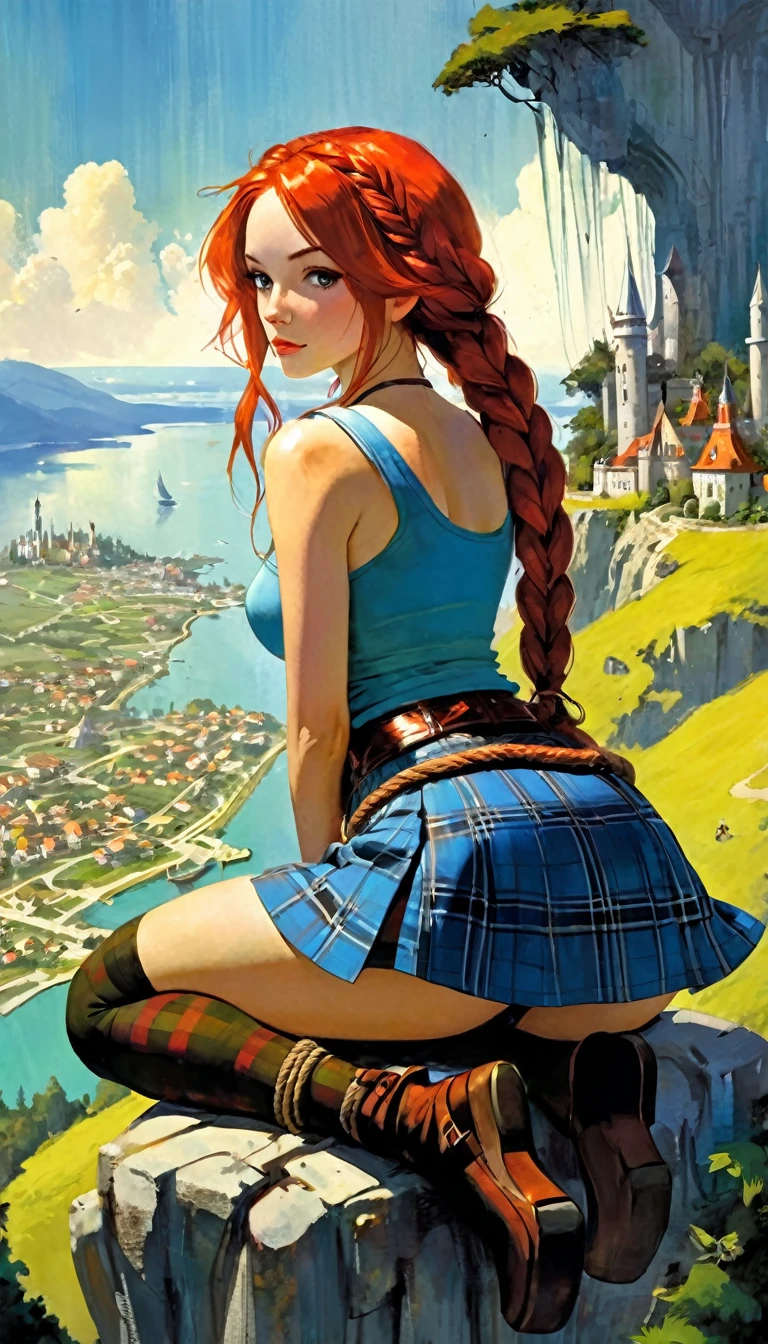 This image represents a beautiful scene from the fantasy world. It is during the day or early afternoon and the atmosphere is calm and great. In the foreground a female character appears sitting with her back to the viewer. She has long red braided hair and wears a plaid miniskirt with stockings and a tank top, very sexy, rope belt. In the background, we see a magnificent city built on a steep mountain or island. The city's architecture is reminiscent of the Middle Ages and the Renaissance, characterized by tall spiers and dense buildings but there are flying ships and futuristic elements. High above the city, there are buildings that look like castles and palaces that rise above the rest. Below the city, there are lush green fields and scattered small buildings, which may be farms or towns. The landscape is lush and green with trees surrounding the settlements. Several ships are anchored at the foot of the mountains and islands, suggesting that the city is an important port city. The sky is light blue with very few clouds, indicating that it is daytime or early afternoon. The overall atmosphere is calm and grand, suggesting stories of adventure, exploration, or political intrigue in this fantasy world (art inspired by Bill Sienkiewicz). oil painting)