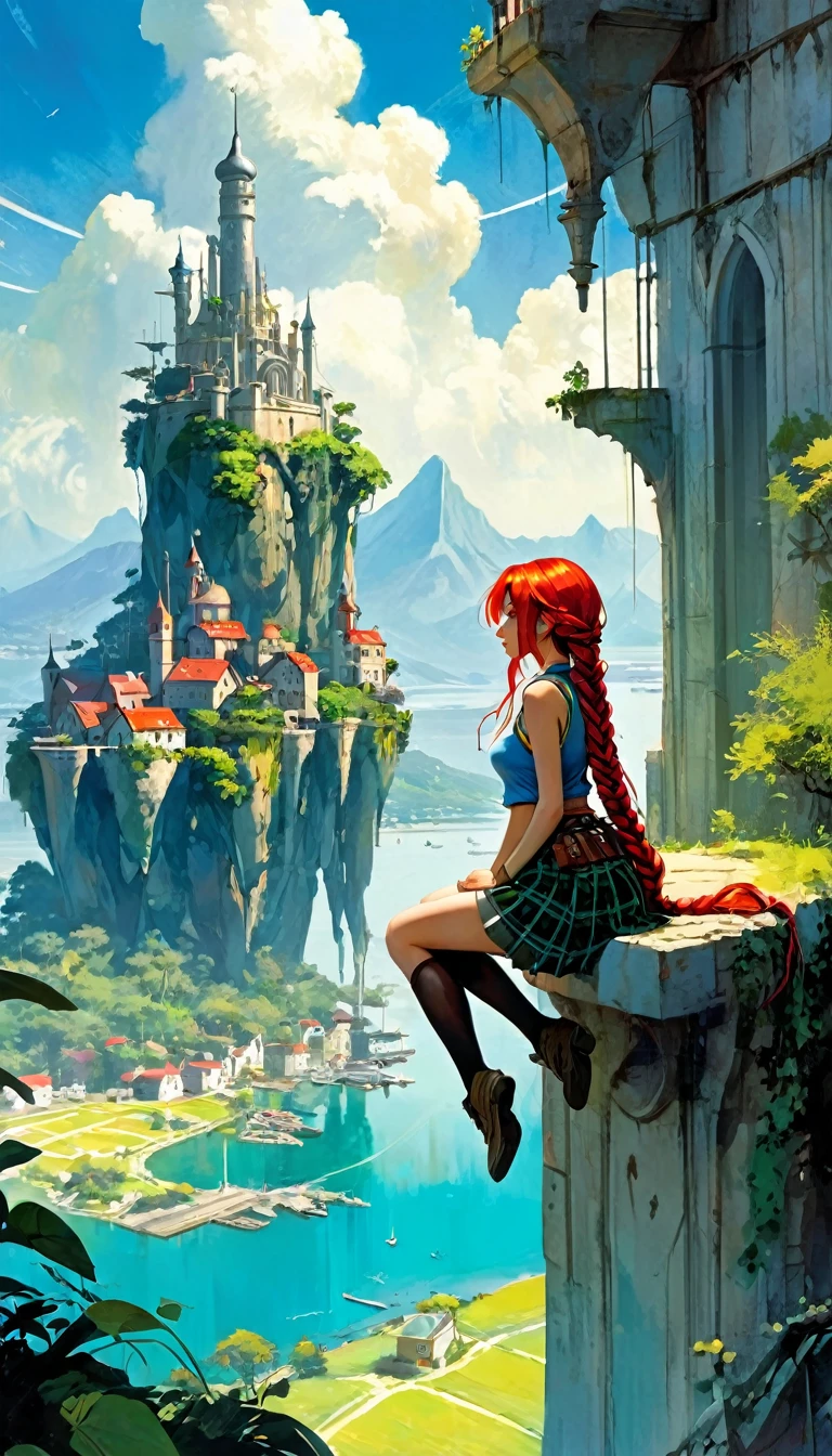 This image represents a beautiful scene from the fantasy world. It is during the day or early afternoon and the atmosphere is calm and great. In the foreground a female character appears sitting with her back to the viewer. She has long red braided hair and wears a plaid miniskirt with stockings and a tank top, very sexy, rope belt. In the background, we see a magnificent city built on a steep mountain or island. The city's architecture is reminiscent of the Middle Ages and the Renaissance, characterized by tall spiers and dense buildings but there are flying ships and futuristic elements. High above the city, there are buildings that look like castles and palaces that rise above the rest. Below the city, there are lush green fields and scattered small buildings, which may be farms or towns. The landscape is lush and green with trees surrounding the settlements. Several ships are anchored at the foot of the mountains and islands, suggesting that the city is an important port city. The sky is light blue with very few clouds, indicating that it is daytime or early afternoon. The overall atmosphere is calm and grand, suggesting stories of adventure, exploration, or political intrigue in this fantasy world (art inspired by Bill Sienkiewicz). oil painting)
