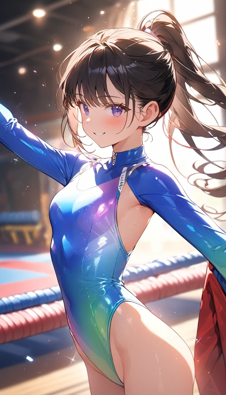 highquality illustration, masterpiece, very delicate and beautiful, attractive girl,(gymnastics leotard,long sleeve leotard with glittery decoration,high_leg leotard,athletic leotard,tight-fit leotard,iridescent gradient leotard,long-sleeve leotard),thin,slender body,slim,high school,gymnasium background,gymnastics club,gymnastics athlete,princess, beautiful eyes,light smile,(masterpiece, best quality:1.2), highres, extremely detailed CG unity 8k wallpaper, perfect lighting, Colourful, ultra-high res,4K,ultra-detailed, photography, 8K, HDR, 17 ages,cowboy shot,