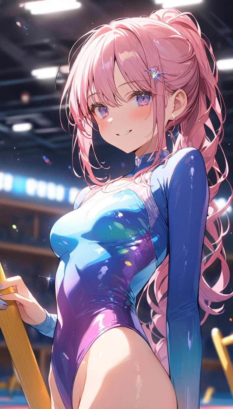 highquality illustration, masterpiece, very delicate and beautiful, attractive girl,(gymnastics leotard,long sleeve leotard with glittery decoration,high_leg leotard,athletic leotard,tight-fit leotard,iridescent gradient leotard,long-sleeve leotard),thin,slender body,slim,high school,gymnasium background,gymnastics club,gymnastics athlete,princess, beautiful eyes,light smile,(masterpiece, best quality:1.2), highres, extremely detailed CG unity 8k wallpaper, perfect lighting, Colourful, ultra-high res,4K,ultra-detailed, photography, 8K, HDR, 17 ages,cowboy shot,