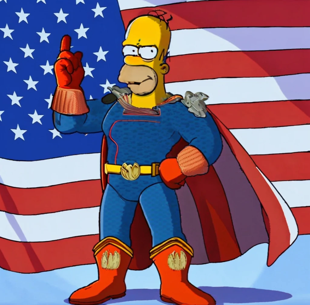 smug loooking homer simpson as homelander from the series the boys