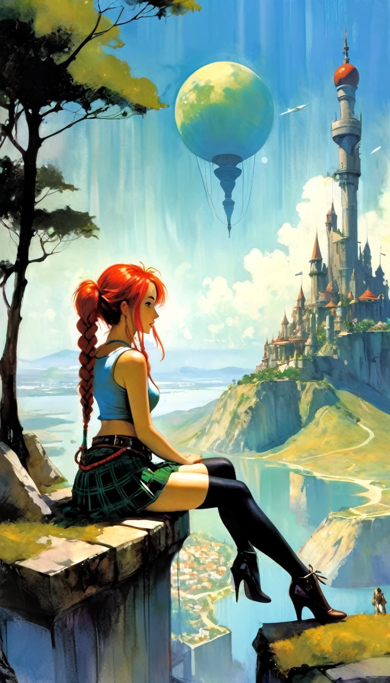 This image represents a beautiful scene from the fantasy world. It is during the day or early afternoon and the atmosphere is calm and great. In the foreground a female character appears sitting with her back to the viewer. She has long red braided hair and wears a plaid miniskirt with stockings and a tank top, very sexy, rope belt. In the background, we see a magnificent city built on a steep mountain or island. The city's architecture is reminiscent of the Middle Ages and the Renaissance, characterized by tall spiers and dense buildings but there are flying ships and futuristic elements. High above the city, there are buildings that look like castles and palaces that rise above the rest. Below the city, there are lush green fields and scattered small buildings, which may be farms or towns. The landscape is lush and green with trees surrounding the settlements. Several ships are anchored at the foot of the mountains and islands, suggesting that the city is an important port city. The sky is light blue with very few clouds, indicating that it is daytime or early afternoon. The overall atmosphere is calm and grand, suggesting stories of adventure, exploration, or political intrigue in this fantasy world (art inspired by Bill Sienkiewicz). oil painting)