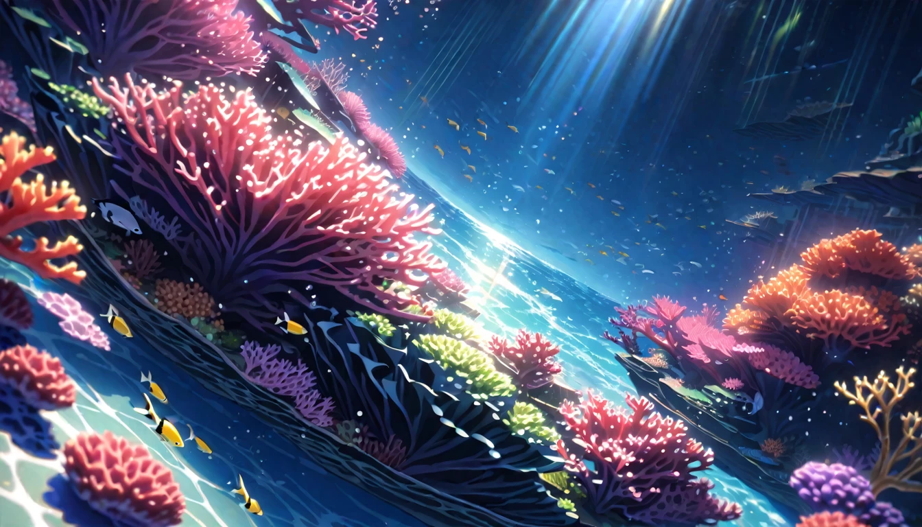  anime aestetics, anime scenery. underwater view. seascape, coral reef, view from above, huge light orange corals, purple corals, green corals at the backgroud, reef fish, depth of field, sparkle, ray tracing, reflection light, drop shadow, from above, wide shot, atmospheric perspective, perspective, highres, 8k, best quality, award winning, super detail, masterpiece