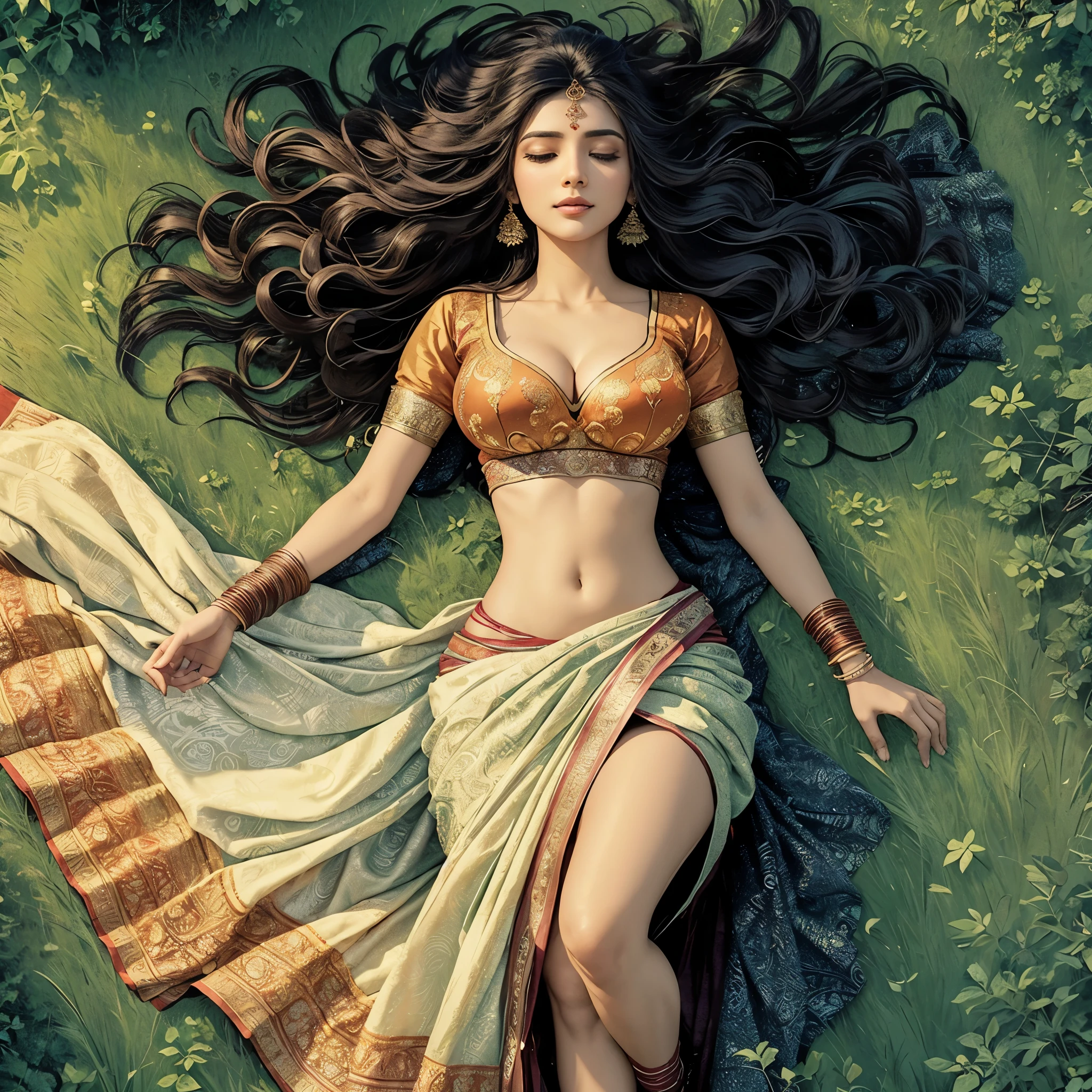 A depiction of a 35-year-old woman sleeping gracefully on a bed of grass in a serene forest. She is dressed in a traditional lehnga choli, the intricate patterns and vibrant colors of her attire standing out against the lush green background. The scene exudes a sense of tranquility and natural beauty, with the woman's peaceful expression reflecting her connection to nature. The forest surrounds her with tall trees and dappled sunlight filtering through the leaves, creating a picturesque setting. The art style should be delicate and detailed, capturing the intricate embroidery of the lehnga choli and the textures of the natural environment. The lighting should be soft and natural, enhancing the serene atmosphere of the scene. The camera angle should emphasize the woman's graceful pose and the harmonious blend of her attire with the natural surroundings. ((Big breasts and cleavage))