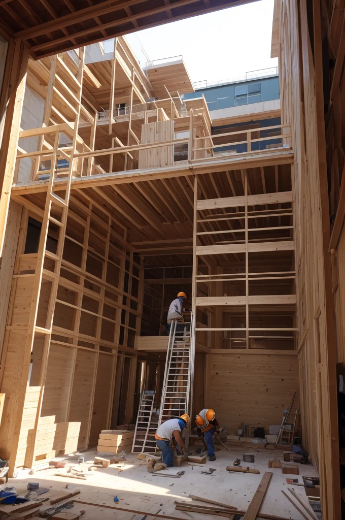 Carpenters working on the construction of a building, partly constructed and partly in production