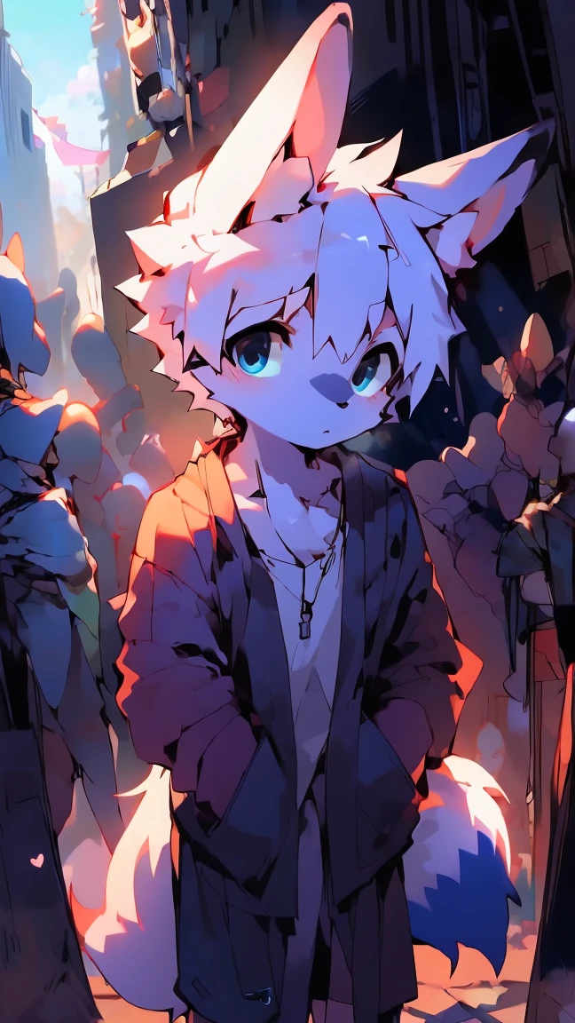 Orange fur，White hair，Black Blue Eyes，fox，Blue shorts，Blue sneakers，boy，Lovely。
