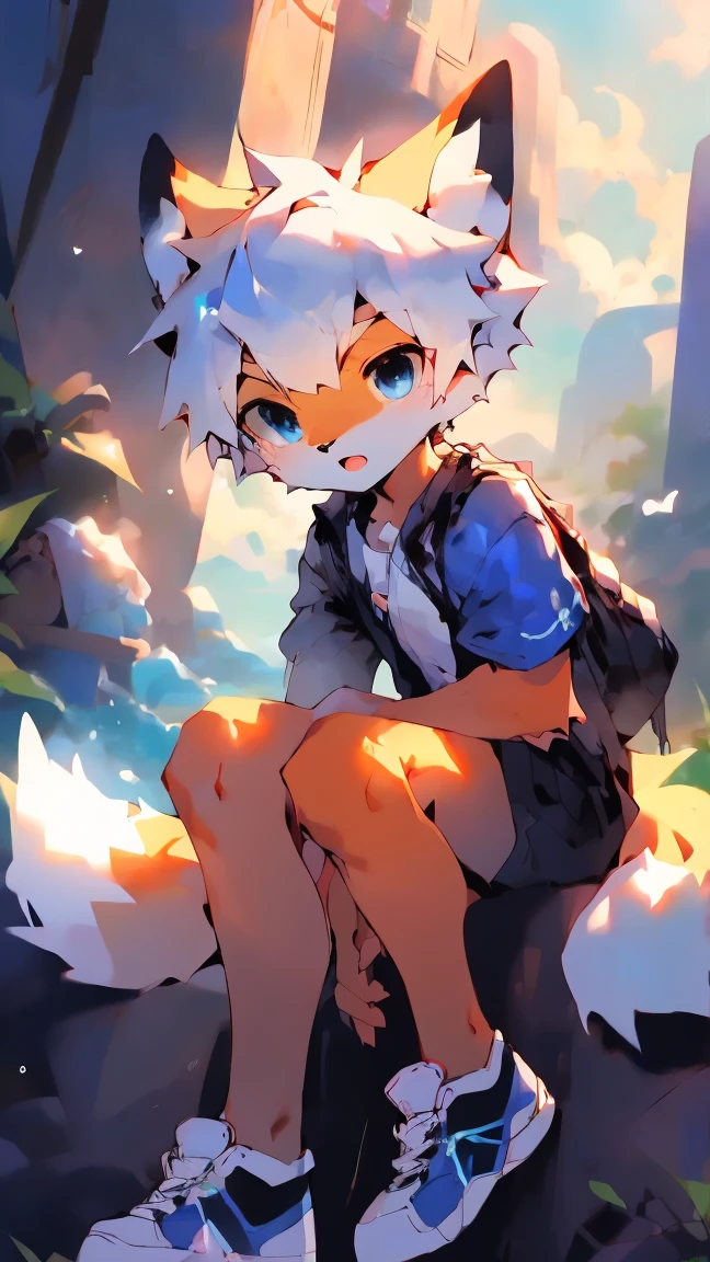 Orange fur，White hair，Black Blue Eyes，fox，Blue shorts，Blue sneakers，boy，Lovely。