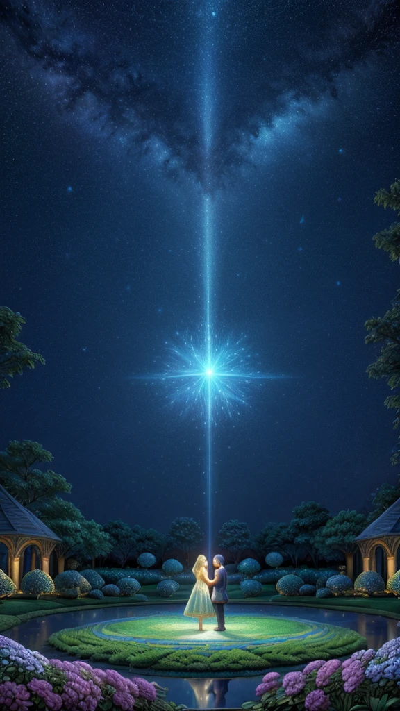 realistic image, people reflecting in an enchanted spiritual dimension, pulsating glow, beings of light in the starry sky, blue and gold light, magical stars, an enchanted garden, inspired by Alice from Wonderland
