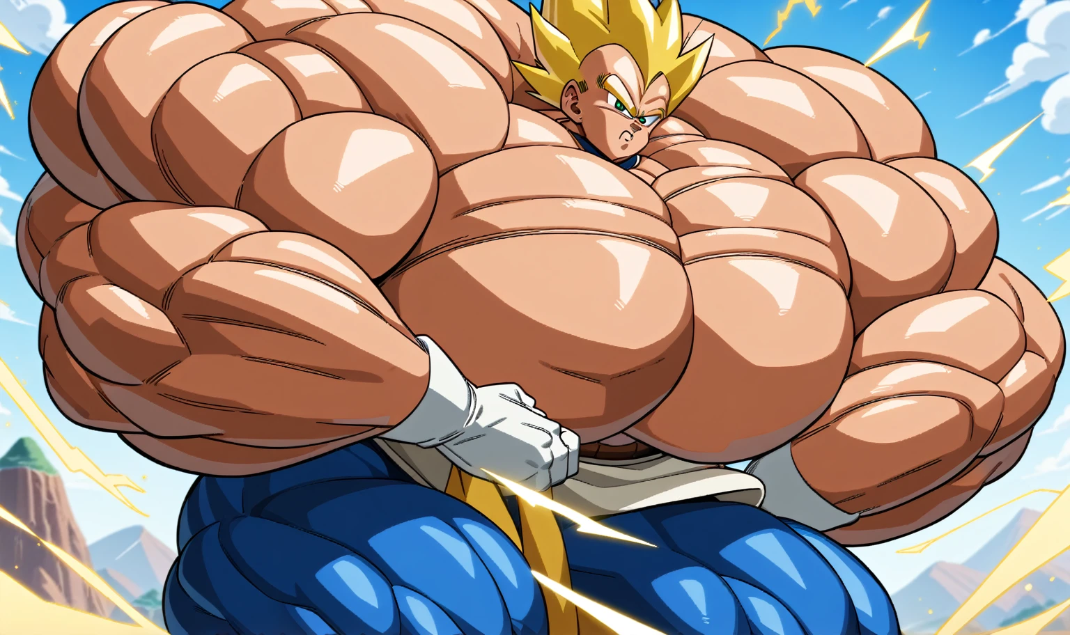 1boy, Vegeta, from Dragon Ball Z, masterpiece, best quality, very aesthetic, absurdres, saiyan, green eyes, spiked hair, (yellow hair:1.5), yellow eyebrows, shirtless, blue skintight pants, white gloves, (huge muscles:3.2), dragonballartstyle, in the style of Akira Toriyama, white tiled floor, outdoors, flat-top mountains, yellow aura, electricity, (thick thighs:2.9), (nipples:1.1)