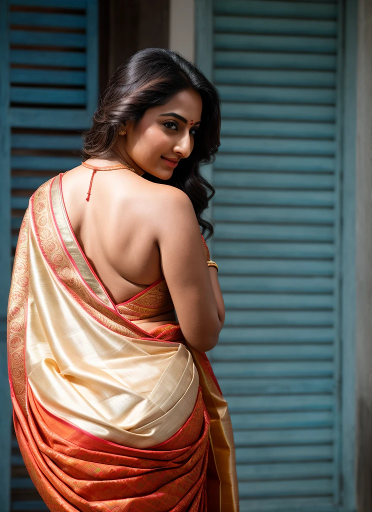 Foto RAW, photorealistic, photography, full body shot, master shot, perfect eyes, goddess like beauty, pierced eyes, perfect thick chubby mallu Desi aunty bhabhi, Wearing a Stanapatta, a chest-band.Saree model, model Photography, Indian saree shoot, Indian traditional wear advertising photography, traditional wear brand shoot, face of Indian actress Sonakshi Sinha, masterpiece, realistic, realism, incredible details, pleasure, photorealism, detailed skin, skin pores, high contrast, photorealistic Artstation 8k HD digital art trend of high definition and detailed realistic skin texture, ultra detail, realistic skin texture, armature, best quality, ultra high definition, (photorealistic:1.4),, high resolution, detail, raw photo, sweat, Re sharp, by Lee Jefferies Nikon D850 Film Stock Photo 4 Kodak Portra 400 Camera F1.6 Lens Rich Color Ultra Real Realistic Realistic Textures Dramatic Lighting Unreal Engine Trending at Art Station Cinestill 800,(pele altamente detalhada: 1.2), 8k UHD, DSLR, soft-lighting, alta qualidade, grain of film, Fujifilm XT3,she didn't like to wear blouse or bra, she is happy to wear only saree, she hates blouse or bra, detailed hairy armpits, hyper realistic skin, skin pores, sweat, veins, The open back looks attractive in a saree without a blouse