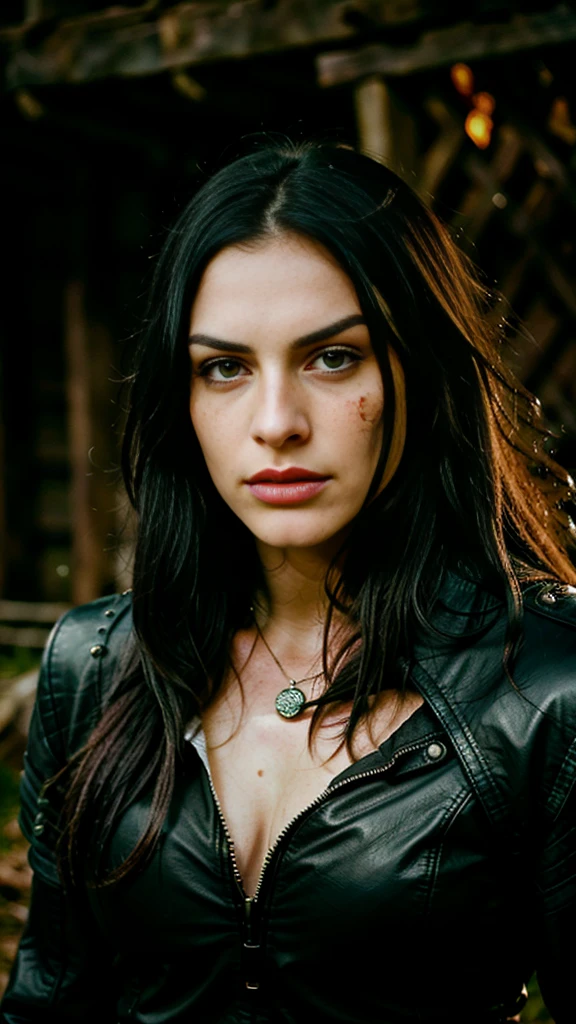 beautiful warrior with long black hair, Ela se parece com Yennefer de The Witcher, She wears a leather jacket , your face is stained with blood and freckles, His skin is white, and his expression is angry