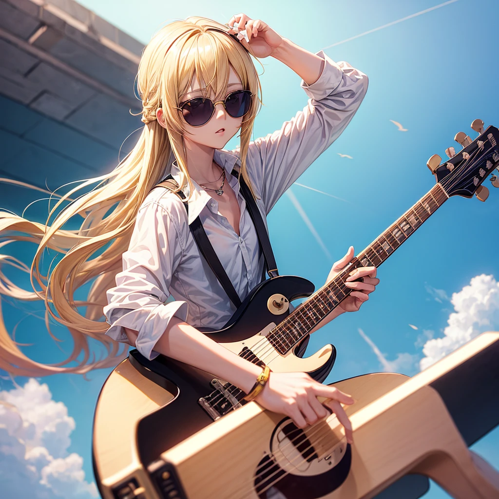1 Anime Girl ( fly away, sunglasses, white undershirt, long blonde hair, body detailed), playing on guitar