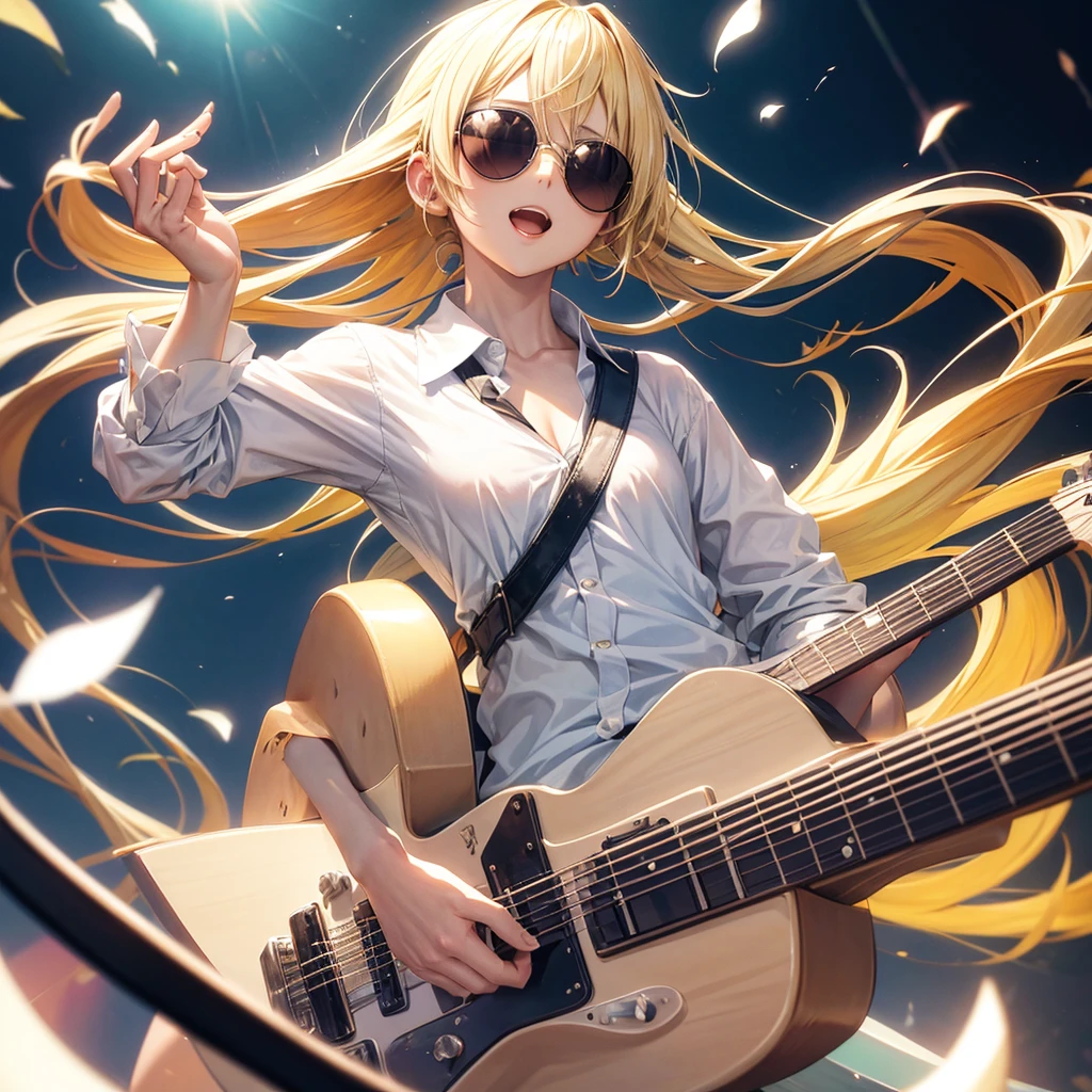 1 Anime Girl ( fly away, sunglasses, white undershirt, long blonde hair, body detailed), playing on guitar