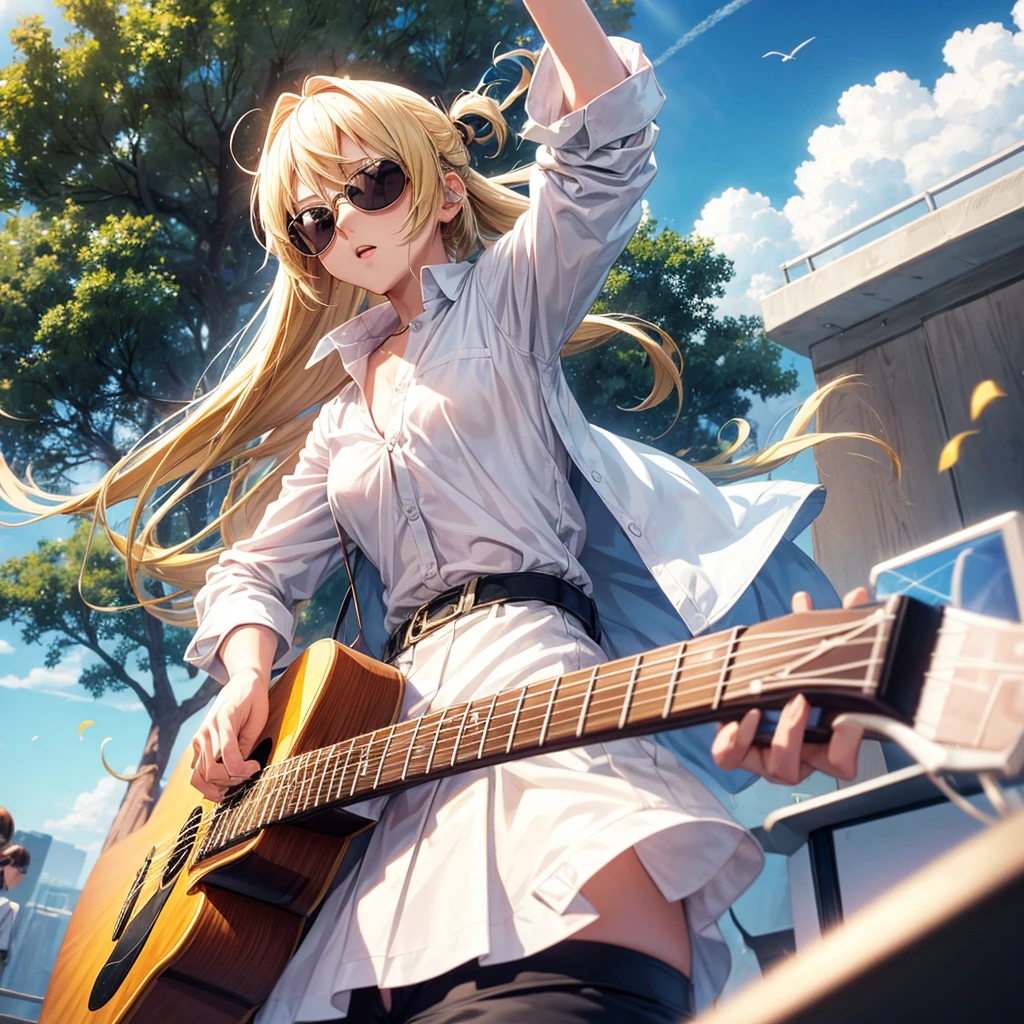 1 Anime Girl ( fly away, sunglasses, white undershirt, long blonde hair, body detailed), playing on guitar