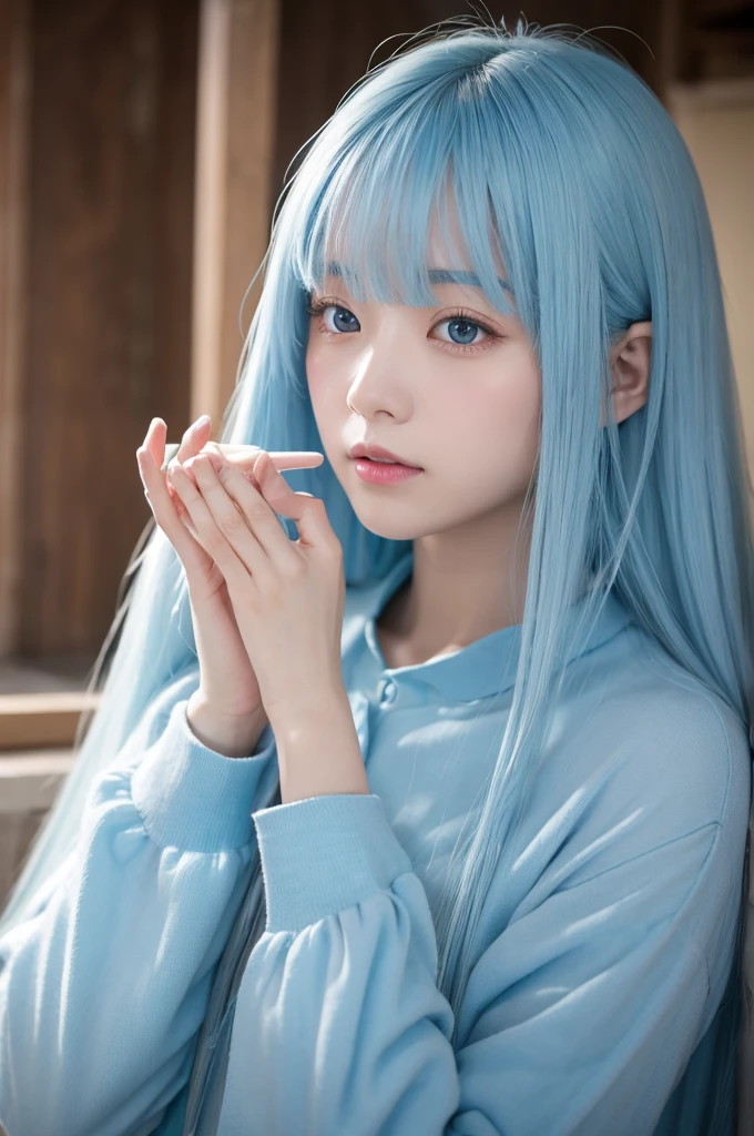 Long light blue hair、Women、Magic out of the hands