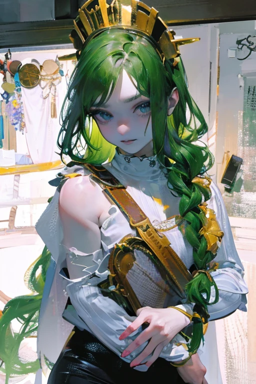 (((8k))),((Extremely meticulous CG)) ,(wallpaper),16k,((Extremely refined and beautiful))，(((Masterpiece))),(((best qualtiy))),(((Ultra High Resolution))),beautiful light up，Perfect lightning，realistic shaded，[A high resolution],(Smooth and flawless fair skin:1.5),(pale skin:1.3),Extremely exquisite facial details,(perfect body：1.1),ultra - detailed,A beautiful

A green-haired girl wears viking helmet wields the Heavy Thrusting Swords from within the Elden Ring in a reverse grip.