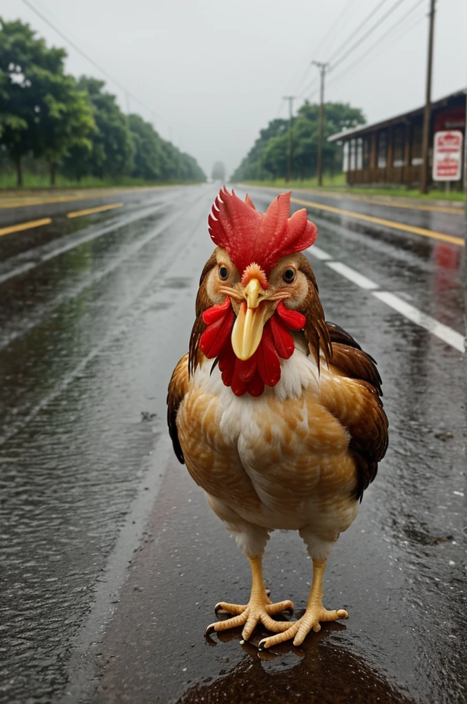 Chicken Cry At Road And Raindrops