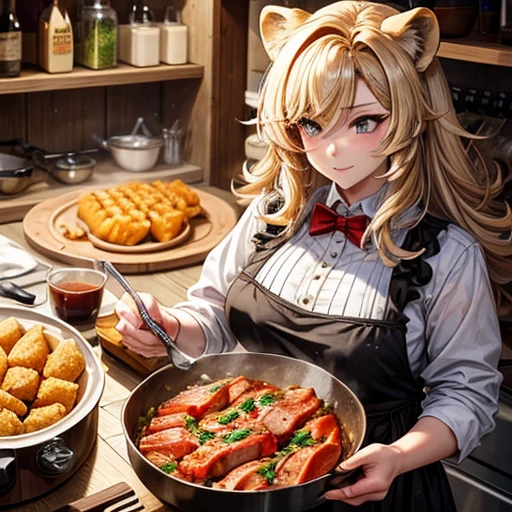 A beautiful lion beast woman is frying pork loin cutlets There is a bowl of rice