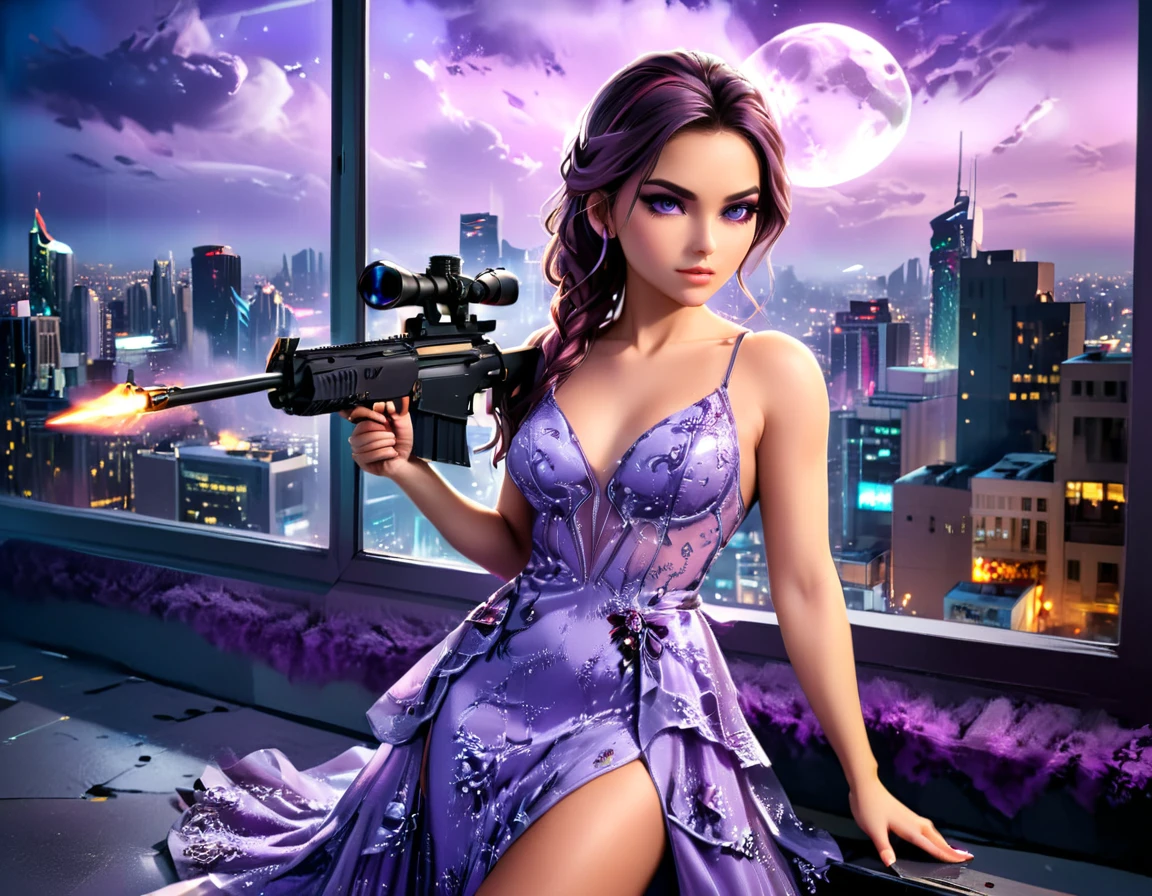 a portrait picture of a 1single woman sniper, standing in a window aiming a sniper rifle, an exotic beautiful woman sniper, dynamic hair, braided hair, full body shop, intense blue eyes, ultra detailed face, wearing (intricate lavender evening dress: 1.5), elegant dress, dynamic color, dynamic style, wearing elegant stiletto heels , behind a window in a tall building at nigh, aiming a Light Sniper Rifle , cyberpunk city background, its night time, moon rays, some clouds,  (full body shot: 1.1) , vibrant, Ultra-high resolution, High Contrast, (masterpiece:1.5), highest quality, Best aesthetics), best details, best quality, highres, ultra wide angle, 16k, [ultra detailed], masterpiece, best quality, (extremely detailed) Sniper Rifle, evening dress
