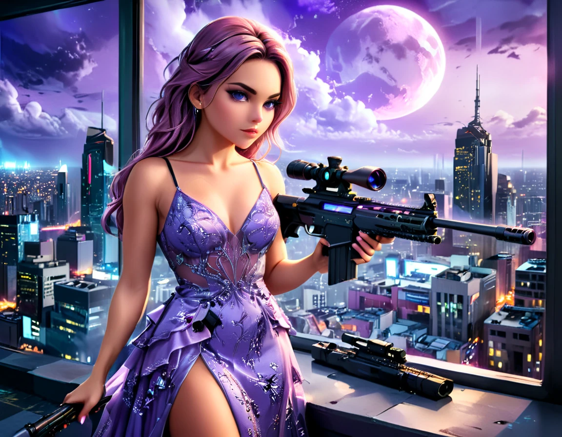 a portrait picture of a 1single woman sniper, standing in a window aiming a sniper rifle, an exotic beautiful woman sniper, dynamic hair, braided hair, full body shop, intense blue eyes, ultra detailed face, wearing (intricate lavender evening dress: 1.5), elegant dress, dynamic color, dynamic style, wearing elegant stiletto heels , behind a window in a tall building at nigh, aiming a Light Sniper Rifle , cyberpunk city background, its night time, moon rays, some clouds,  (full body shot: 1.1) , vibrant, Ultra-high resolution, High Contrast, (masterpiece:1.5), highest quality, Best aesthetics), best details, best quality, highres, ultra wide angle, 16k, [ultra detailed], masterpiece, best quality, (extremely detailed) Sniper Rifle, evening dress

