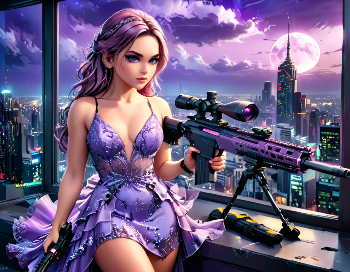 a portrait picture of a 1single woman sniper, standing in a window aiming a sniper rifle, an exotic beautiful woman sniper, dynamic hair, braided hair, full body shop, intense blue eyes, ultra detailed face, wearing (intricate lavender evening dress: 1.5), elegant dress, dynamic color, dynamic style, wearing elegant stiletto heels , behind a window in a tall building at nigh, aiming a Light Sniper Rifle , cyberpunk city background, its night time, moon rays, some clouds,  (full body shot: 1.1) , vibrant, Ultra-high resolution, High Contrast, (masterpiece:1.5), highest quality, Best aesthetics), best details, best quality, highres, ultra wide angle, 16k, [ultra detailed], masterpiece, best quality, (extremely detailed) Sniper Rifle, evening dress
