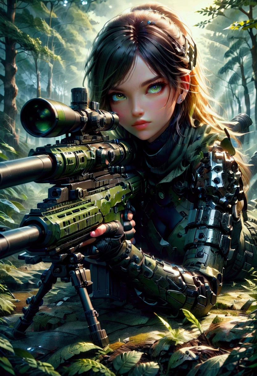 1girl, Sniper, A highly detailed, portrait of a skilled sniper in a camouflage uniform, lying prone with a high-powered sniper rifle, focused intently through the scope, surrounded by lush foliage in a forest environment, dramatic lighting, cinematic composition, hyper-detailed textures, muted color palette, gritty, masterpiece, best quality, very aesthetic, absurdres