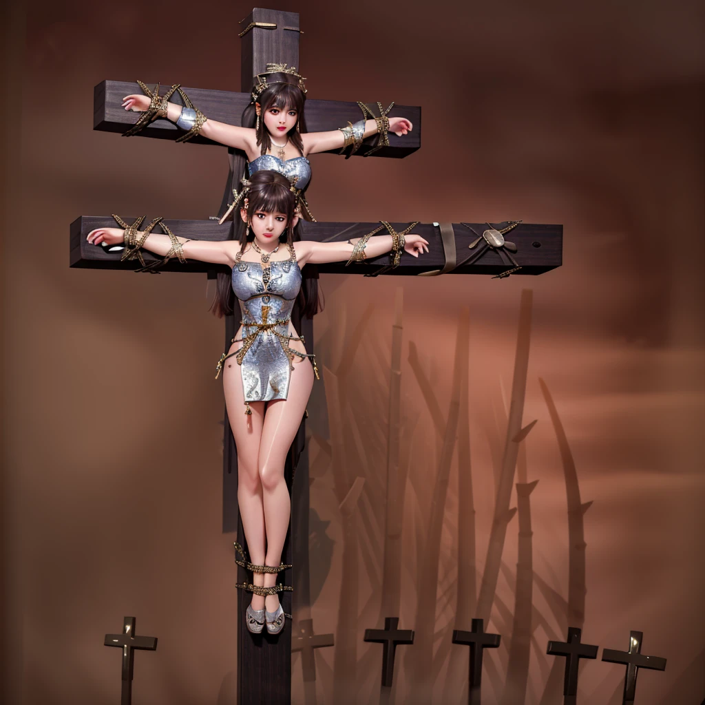 best quality, masterpiece, highres, 1girl,(((crucifixion pose,nailed to cross))), (full body shot:2), transparent silk china dress, beautiful face, hair ornament, looking at viewer, smile, closed mouth,lips, dress,hair ornament, necklace, jewelry, long hair, earrings, Beautiful face, tyndall effect,photorealistic, dark studio, rim lighting, two tone lighting,(high detailed skin:1.2), 8k uhd, dslr, soft lighting, high quality, volumetric lighting, candid, Photograph, high resolution, 4k, 8k