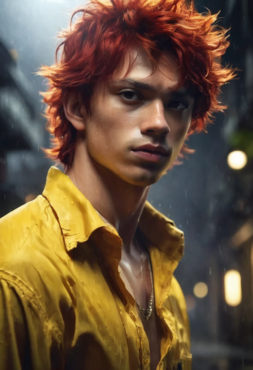 1 boy, wearing a yellow shirt, masculine brown eyes, detailed white skin, voluminous and messy red hair, white skin, dramatic lighting, cinematic composition, cold palette, cheerful expression, night environment, light colors, atmospheric fog, thin chin , 20 years (best quality, 4K, 8K, high resolution, art: 1.2), ultra-detailed, (realistic, photorealistic, photorealistic: 1.37)