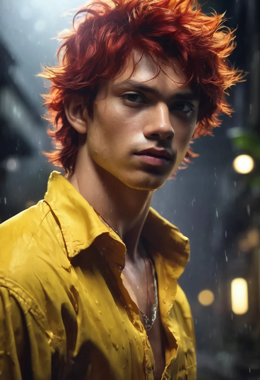 1 boy, wearing a yellow shirt, masculine brown eyes, detailed white skin, voluminous and messy red hair, white skin, dramatic lighting, cinematic composition, cold palette, cheerful expression, night environment, light colors, atmospheric fog, thin chin , 20 years (best quality, 4K, 8K, high resolution, art: 1.2), ultra-detailed, (realistic, photorealistic, photorealistic: 1.37)