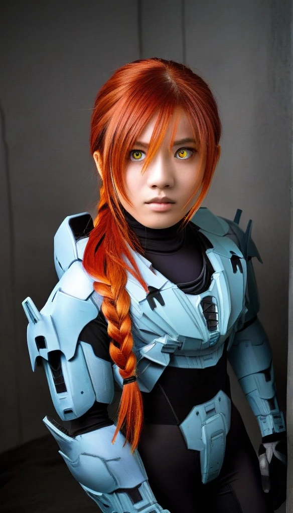 1 Girl、((glowing eyes, red eyes)), Medium Bust、solo、red Hair、Braid、Mobile Race Suit、Shoulder Armor、ceiling、Wide Shot、Looking Ahead、zipup suit 、Closed Mouth、Highest quality、medium quality、22 years old、Mobile Trace System、cockpit、Asian、CyborgCosplay
