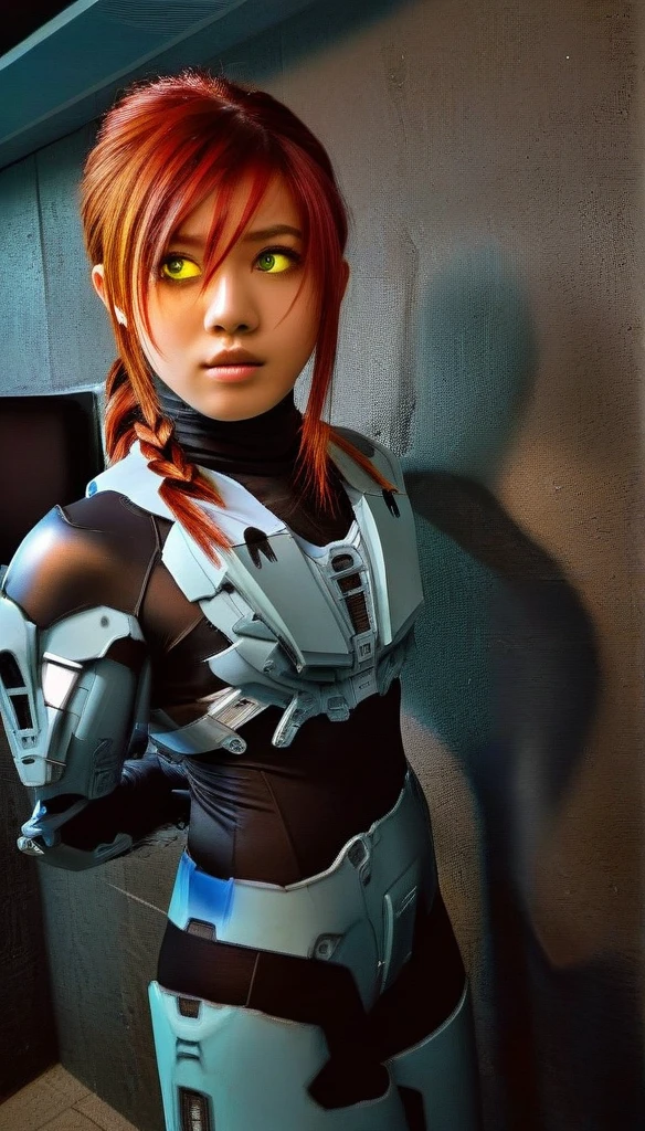1 Girl、((glowing eyes, red eyes)), Medium Bust、solo、red Hair、Braid、Mobile Race Suit、Shoulder Armor、ceiling、Wide Shot、Looking Ahead、zipup suit 、Closed Mouth、Highest quality、medium quality、22 years old、Mobile Trace System、cockpit、Asian、CyborgCosplay
