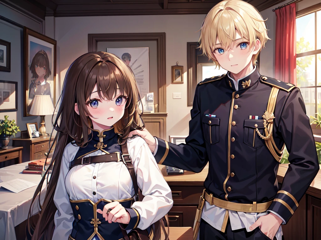 (8k, Highest quality, Tabletop:1.2)、Ultra-high resolution、A couple consisting of a 16-year-old high school girl and a 16-year-old high school boy、With men in uniform ,Detailed fingers,(woman brown hair , Blonde Innerwear),Man's black hair,Highly detailed face,Detailed eyes,((A man and a woman are in a fast food restaurant.,Eating a hamburger)) ,Laughter