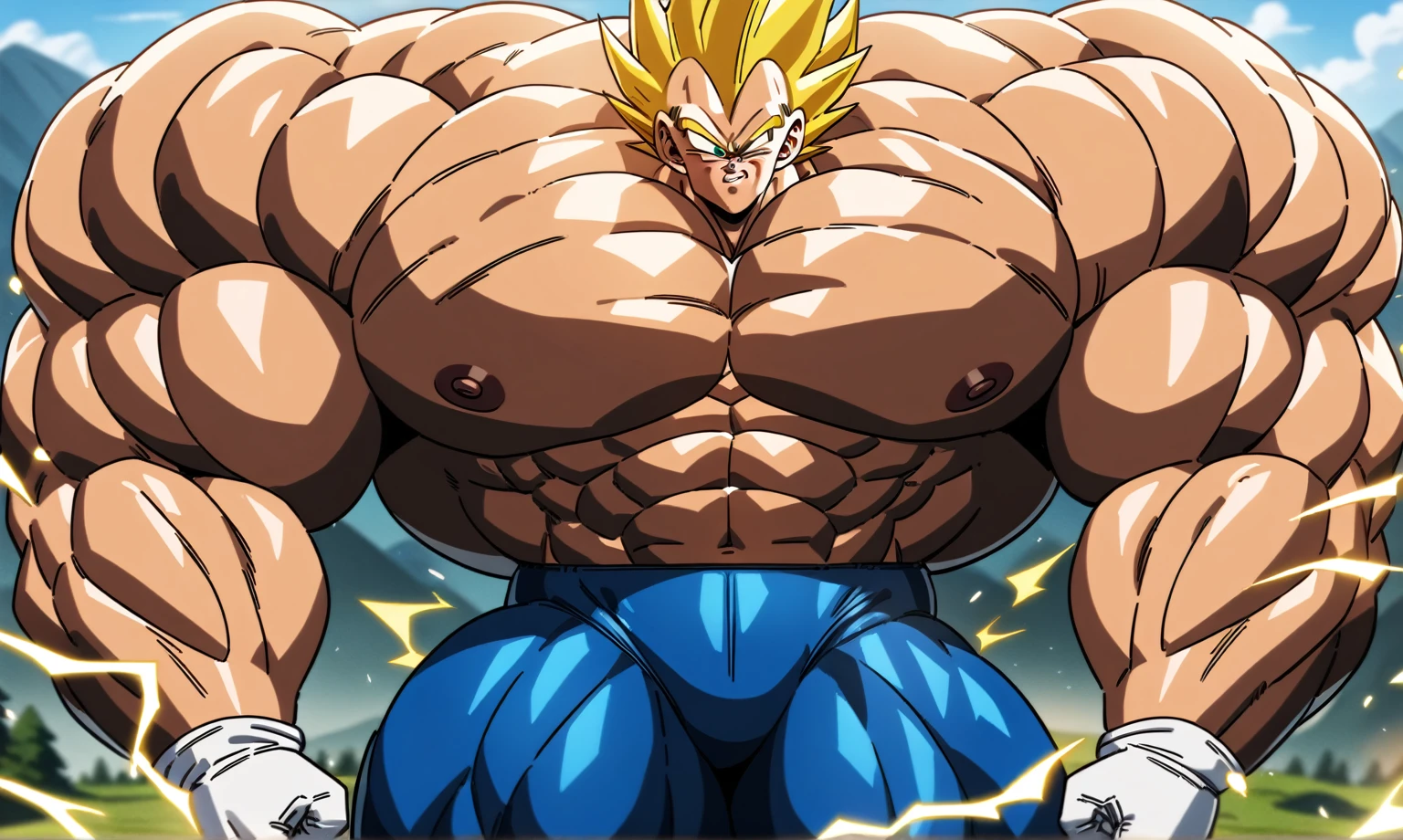 1boy, Vegeta, from Dragon Ball Z, masterpiece, best quality, very aesthetic, absurdres, saiyan, green eyes, spiked hair, (yellow hair:1.5), yellow eyebrows, shirtless, blue skintight pants, white gloves, (huge muscles:2.5), dragonballartstyle, in the style of Akira Toriyama, white tiled floor, outdoors, flat-top mountains, yellow aura, electricity, (thick thighs:2.2), (nipples:1.1)