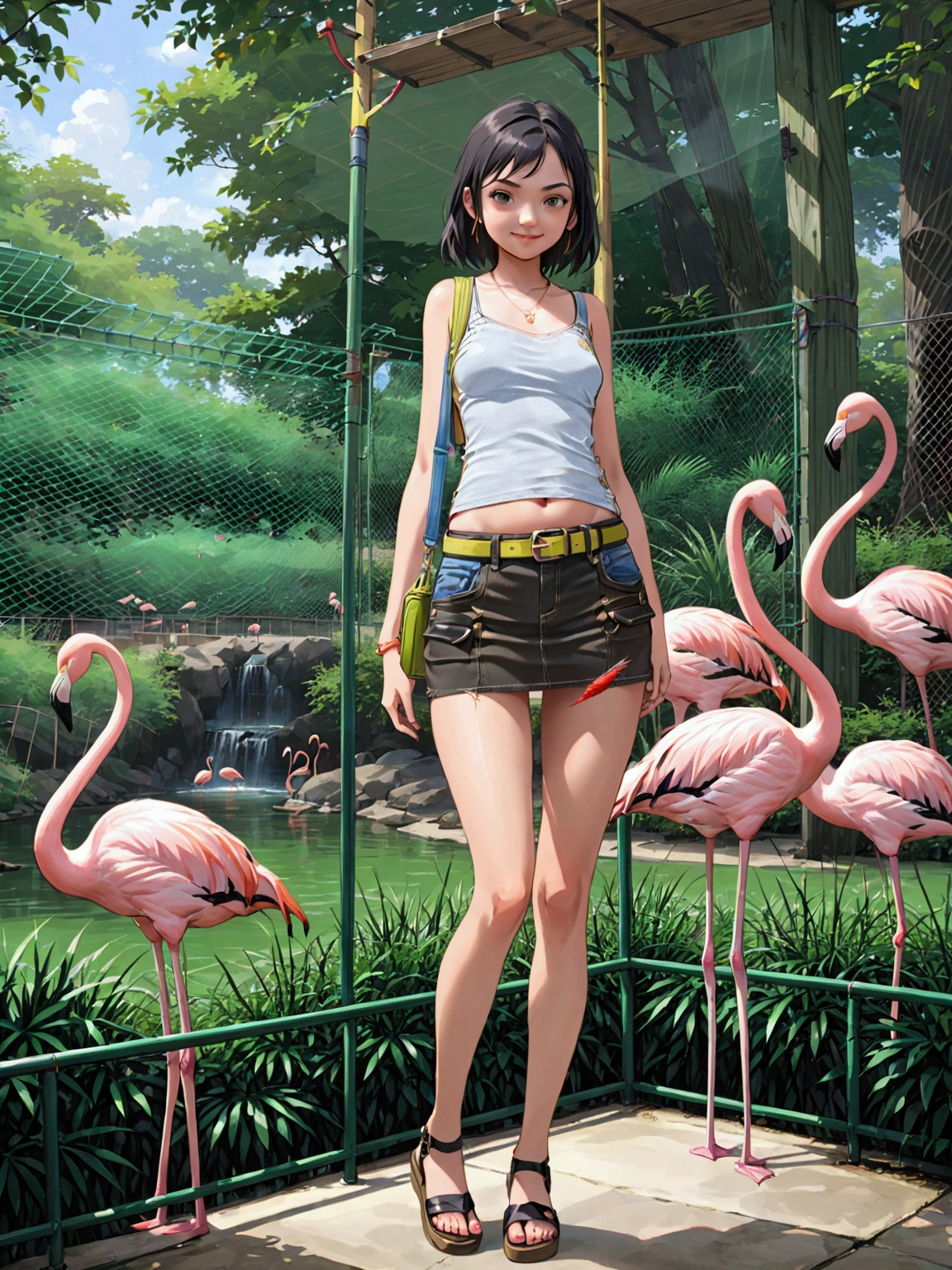 realistic anime illustration of a young beautiful woman standing and looking at viewer at zoo, flamingos on background, she wearing black top, navi-blue denim cargo pencil mini skirt with belt and black sandals, vivid colors, (1girl, solo, full body), (masterpiece, best quality)