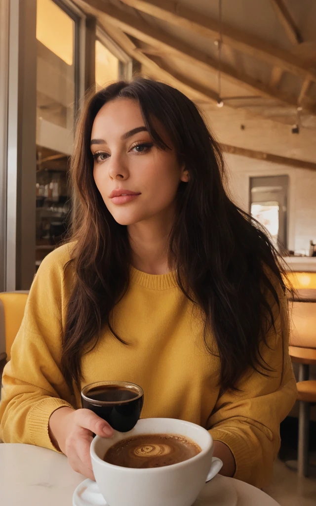 Jolie belle brune noire avec pull jaune (Drinking coffee in a modern cafe at sunset), very detailed, 18 ans, Visage innocent, naturally wavy hair, yeux bleus, high resolution, chef-d&#39;artwork, Meilleur Qulaity, Intricate details, very detailed, mise au point nette, detailed skin, texture de peau réaliste, texture, detailed eyes, professionnel, 4K, sourire charmant, prise avec Canon, 85 millimeters, Light depth of field, Kodak Vision Couleur, corps parfaitement ajusté, Extremely detailed, photographier_\(ultra\), photographicrealistic, realistic, Post-traitement, Maximum details, roughness, vrai vie, ultraRealistic, photorealism, photographie, 8K UHD, photographie
