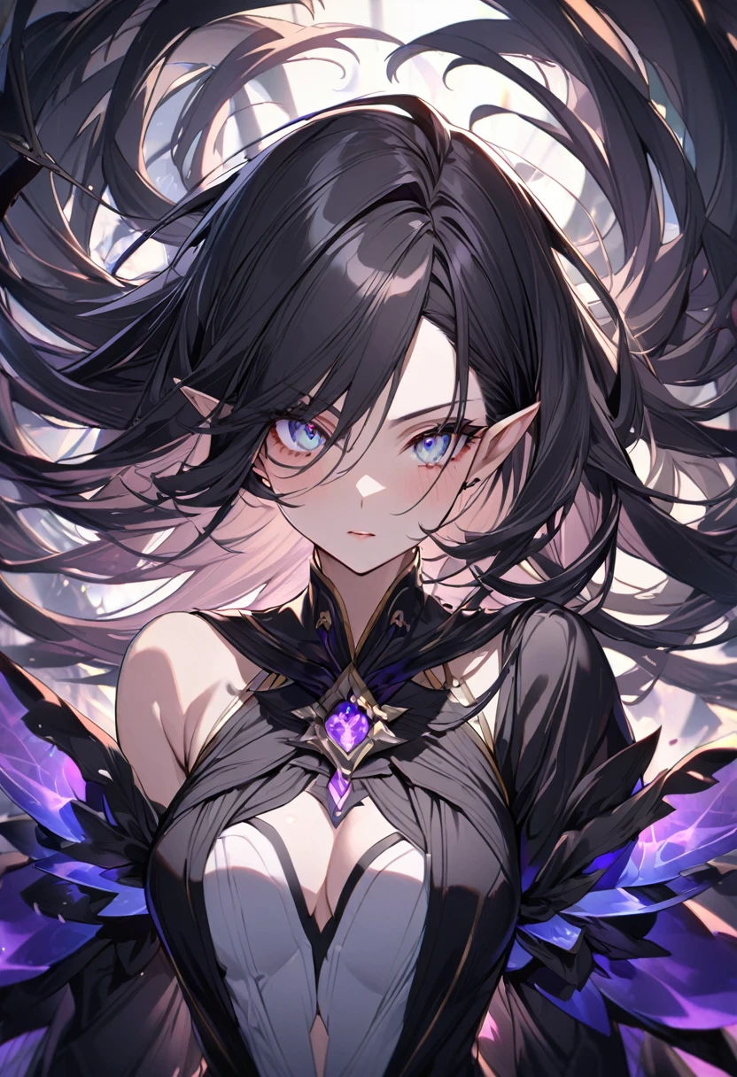 30-year-old female, (Dark Elf), (Extraordinary beauty), (Silky black hair), (Trimmed bangs), ((High resolutionイエローアイ)), Complex, (Clear Eyes), Accurate Eyes, (Fallen Wizard&#39;s Robe), (Purple lace underwear ), Tight waist, Big Chest, (Ample breasts:1.3), Amorous expression, high quality, masterpiece, glamorous, (Shiny brown skin), (Put your hands behind your head:1.2),Bedroom, Whole Body Ezbian, (Anatomically correct:1.3), (beautiful hands),(beautiful Five Fingers:1.2), high quality, beautiful  , (beautiful feet), 8k, High resolution, 最high quality,Hmph, (Sex), Omorashi, sweating, desire, blush,