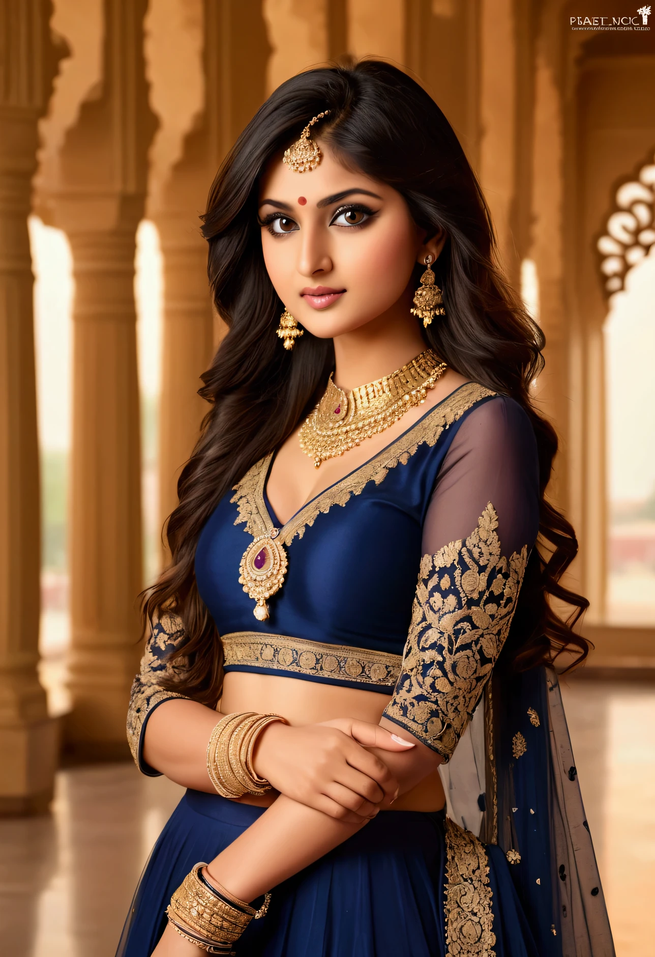 Rhea Sen plays a beautiful 21-year-old woman, She is wearing a gorgeous navy blue ghagra and long blouse, Eye mascara, eye shadow, Long eyelashes, Gold Jewelry, Stand in the palace, Upper Body, Front view, Big Plans, Pubic hair is visible