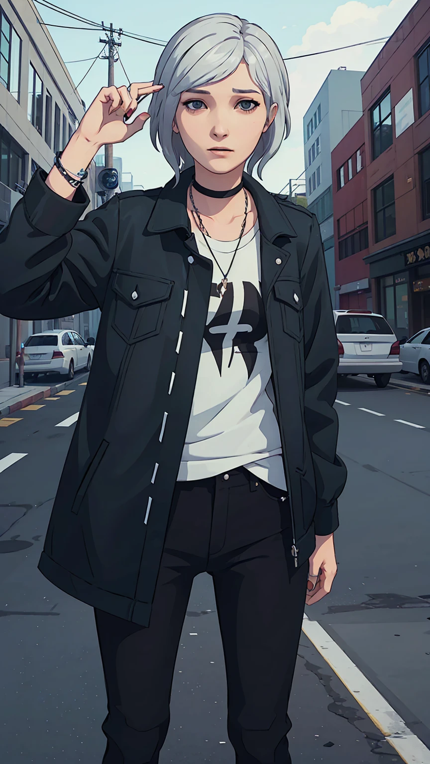 one girl, white hair, standing at the parking, standing near car, smoking, life is strange art style, life is strange style, lis