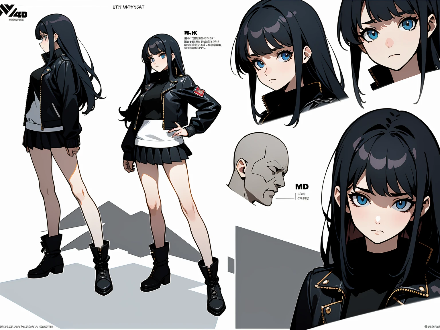 (CharacterDesignSheet, Same role, Facade), city, 1 beautiful and cheerful woman, messy blue-black hair with bangs covering her left eye and two long locks framing her face, light blue eyes, pale skin, beauty , medium breasts, perky, beautiful and shapely full body, full body, shy in nature, detailed, embarrassed, blushing, spotlights, full body, Masterpiece, 18 years old, height 154cm, beautiful body, ((modern clothing, gothic style , (a miniskirt), leather jacket)), serious, Best quality, high detail, high quality, 8k, detailed eyes, view from afar, full body, full view, high resolution, Ultra-sharp, 8k, Artwork master, city environment, seen from afar, full body, high resolution, full body, high resolution, Ultra-sharp, 8k, Masterpiece, (high resolution), ((tmasterpiece)), ((Best quality) ), Character Sketches, Concept-Art, Character Concept Art, pixiv, Cheat Sheet, Role Chart, Multiple Poses and Expressions, Highly Detailed, Depth, Poses, Many Parts, (simple background, white background :1.3), detailed face, full body, dynamic poses, shy poses, standing, feminine poses, attractive poses, best quality, 4k, Masterpiece, Best quality, high detail, high quality, 8k, far away view, full body, eyes detailed, high resolution, Ultra-sharp, 8k, Masterpiece, best quality, full of details, Front body view, Back body view, Highly detailed, depth, detailed face, best quality, 4k, Masterpiece, Best quality, high detail, high quality, 8k, far away view, full body, detailed eyes, high resolution, Ultra-sharp, 8k, Masterpiece, best quality, intricate details, perfect detailed face, Midnight, lighting.