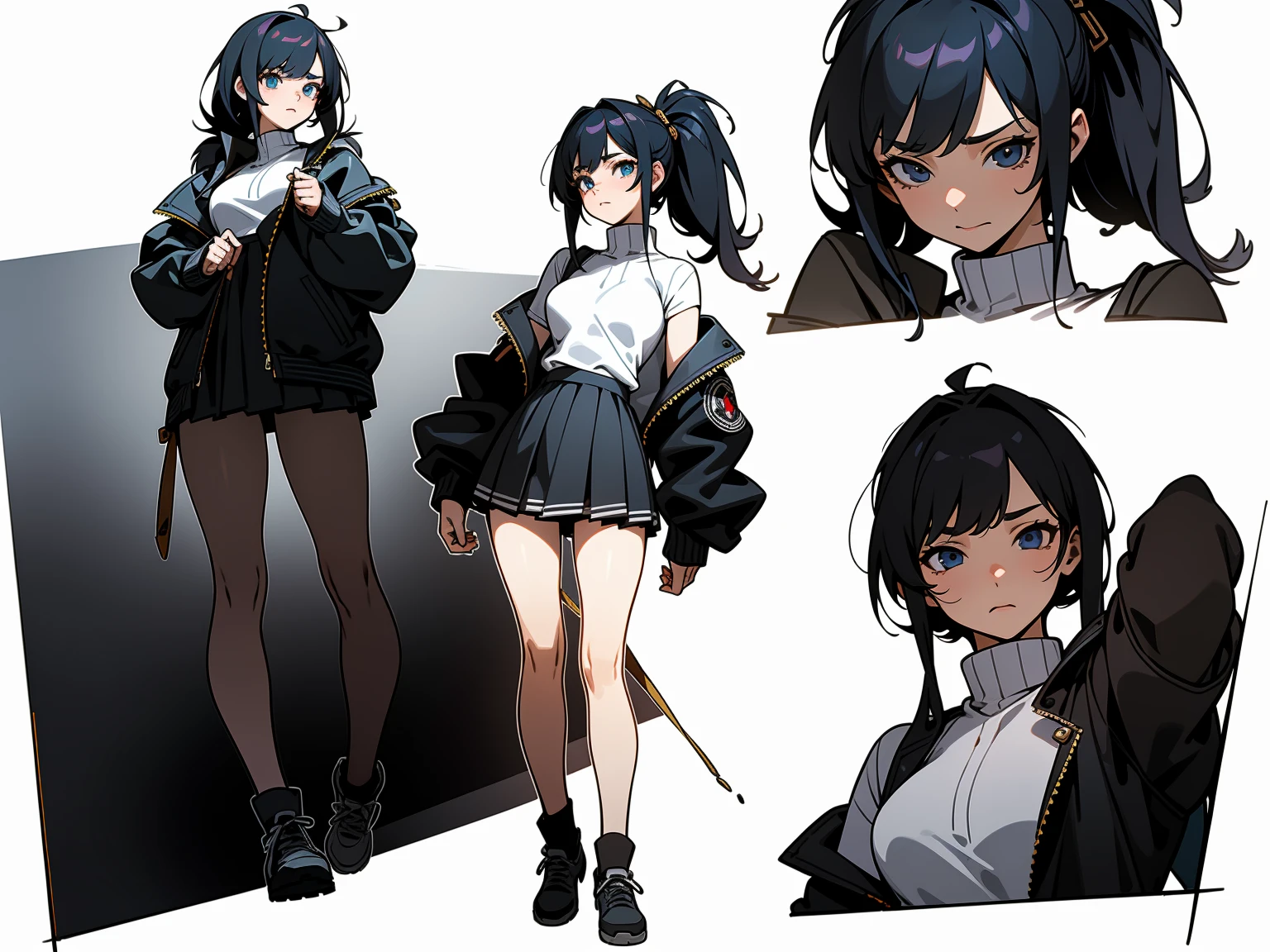 (CharacterDesignSheet, Same role, Facade), city, 1 beautiful and cheerful woman, messy blue-black hair with bangs covering her left eye and two long locks framing her face, light blue eyes, pale skin, beauty , medium breasts, perky, beautiful and shapely full body, full body, shy in nature, detailed, embarrassed, blushing, spotlights, full body, Masterpiece, 18 years old, height 154cm, beautiful body, ((modern clothing, gothic style , (a miniskirt), leather jacket)), serious, Best quality, high detail, high quality, 8k, detailed eyes, view from afar, full body, full view, high resolution, Ultra-sharp, 8k, Artwork master, city environment, seen from afar, full body, high resolution, full body, high resolution, Ultra-sharp, 8k, Masterpiece, (high resolution), ((tmasterpiece)), ((Best quality) ), Character Sketches, Concept-Art, Character Concept Art, pixiv, Cheat Sheet, Role Chart, Multiple Poses and Expressions, Highly Detailed, Depth, Poses, Many Parts, (simple background, white background :1.3), detailed face, full body, dynamic poses, shy poses, standing, feminine poses, attractive poses, best quality, 4k, Masterpiece, Best quality, high detail, high quality, 8k, far away view, full body, eyes detailed, high resolution, Ultra-sharp, 8k, Masterpiece, best quality, full of details, Front body view, Back body view, Highly detailed, depth, detailed face, best quality, 4k, Masterpiece, Best quality, high detail, high quality, 8k, far away view, full body, detailed eyes, high resolution, Ultra-sharp, 8k, Masterpiece, best quality, intricate details, perfect detailed face, Midnight, lighting.