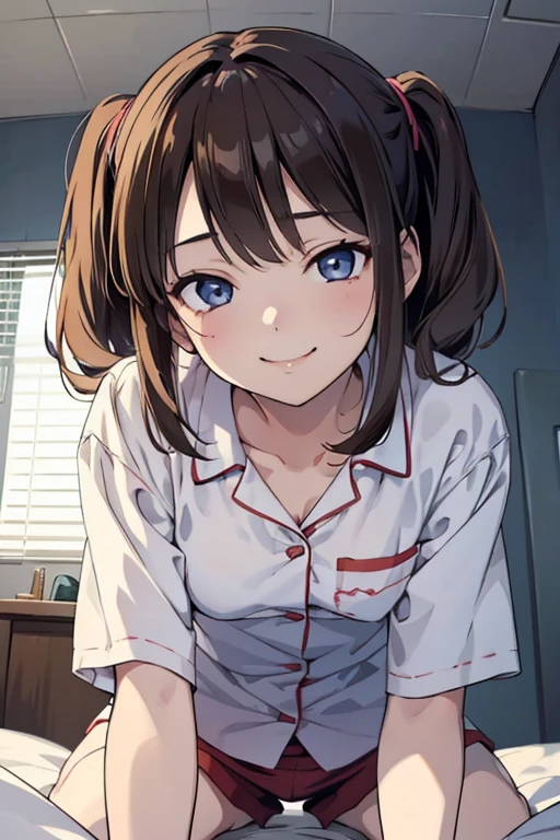 (masterpiece,Illustration Awards:1.3),Professional work,anime,Detailed face,Detailed Description,Blue tones,(Darker Room:1.3),From below,1girl,pov,perspective,Depth of Field,(Closest Face:1.3), BREAK Brown hair,Two Side Up,(Teasing smile:1.3),Office Shirt,pajamas,Flat breasts,Thighs,(Half-open eyes,Squint eyes:1.3),(Petite,li),onbed,On all fours,Looking down, BREAK The face of the girl straddling my belly and staring at me is closest,Depth-aligned placement,