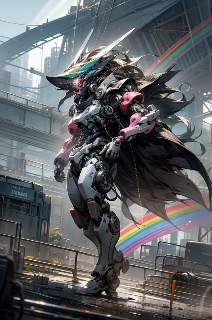 anime style, super fine illustration, highly detailed, dynamic angle, beautiful detailed, 8k, Rainbow over the meadow under the clowly on a battle day. BREAK Cute anthropomorphic Robot is sadly walking, under the rainbow. BREAK Robot in colorful harmonize with the rainbow, creating a beautiful scene.Break dystopia,Disillusioned,City,Landscape painting,Break MECA,droid,human_no,MECA,giant,