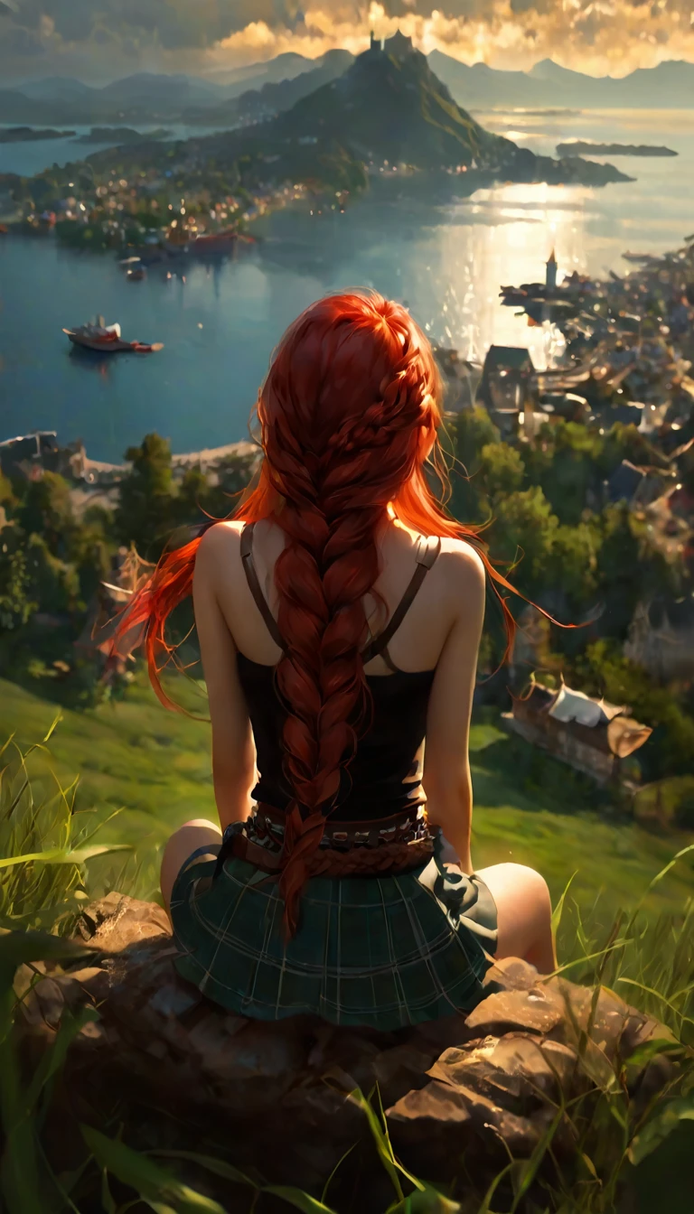 This image represents a beautiful scene from the fantasy world. It is during the day or early afternoon and the atmosphere is calm and great. In the foreground a female character appears sitting with her back to the viewer. She has long red braided hair and wears a plaid miniskirt with stockings and a tank top, very sexy, rope belt. In the background, we see a magnificent city built on a steep mountain or island. The city's architecture is reminiscent of the Middle Ages and the Renaissance, characterized by tall spiers and dense buildings and futuristic elements. High above the city, there are buildings that look like castles and palaces that rise above the rest. Below the city, there are lush green fields and scattered small buildings, which may be farms or towns. The landscape is lush and green with trees surrounding the settlements. Several ships are anchored at the foot of the mountains and islands, suggesting that the city is an important port city. The sky is light blue with very few clouds, indicating that it is daytime or early afternoon. The overall atmosphere is calm and grand, suggesting stories of adventure, exploration, or political intrigue in this fantasy world (art inspired by Bill Sienkiewicz). oil painting)
