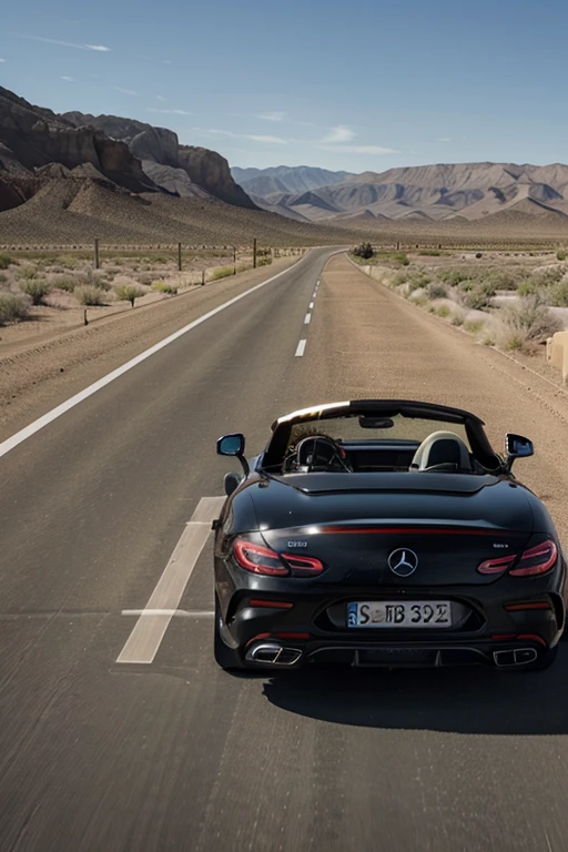 A Mercedes-Benz SL-500 sports car moves along a highway in a desert area at a speed of 250 km/H