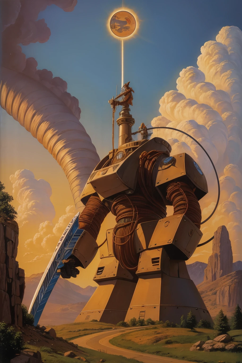 ((larry elmore style)) ((hand painted art), a turbine sentient golem full of cables and turbines sticking out of it holding a rusty old sword